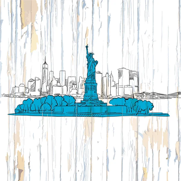 Liberty Island Schets Houten Achtergrond Vectorillustratie Vintage Achtergrond — Stockvector