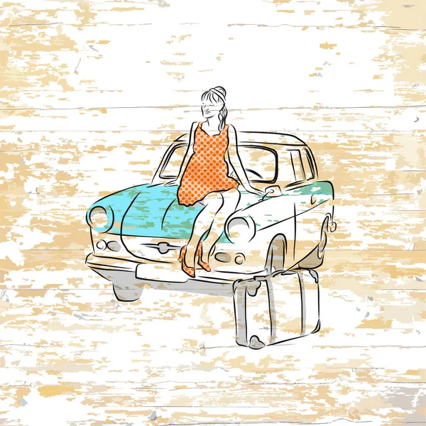 Vintage girl and car drawing on wooden background. Vector illustration drawn by hand.
