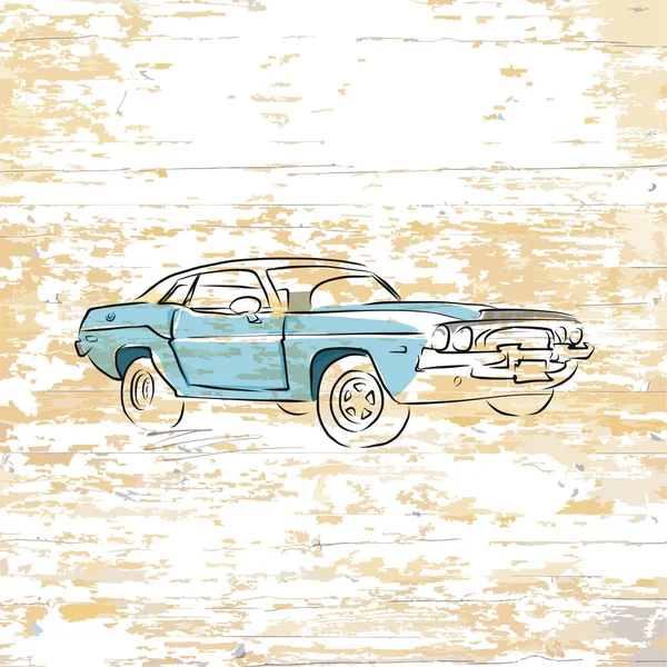 Dibujo Coche Vintage Sobre Fondo Madera Ilustración Vectorial Dibujada Mano — Archivo Imágenes Vectoriales