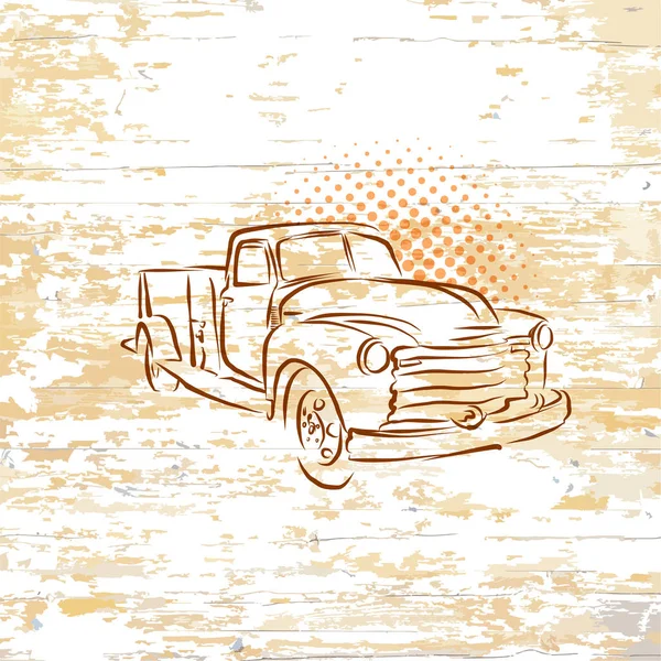 Vintage Pickup Truck Wooden Background Vector Illustration Drawn Hand — Stock Vector