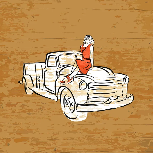 Oldtimer Pickup Truck Auf Holzuntergrund Vektor Illustration Von Hand Gezeichnet — Stockvektor