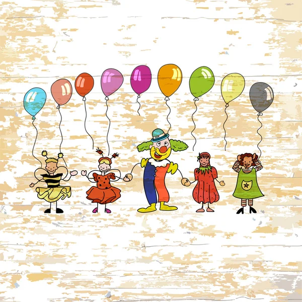 Kindergartenkinder Mit Luftballons Auf Holzuntergrund Vektor Illustration Von Hand Gezeichnet — Stockvektor