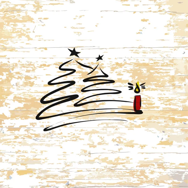 Kerstboom Met Kaars Schets Houten Achtergrond Vectorillustratie Met Hand Getekend — Stockvector