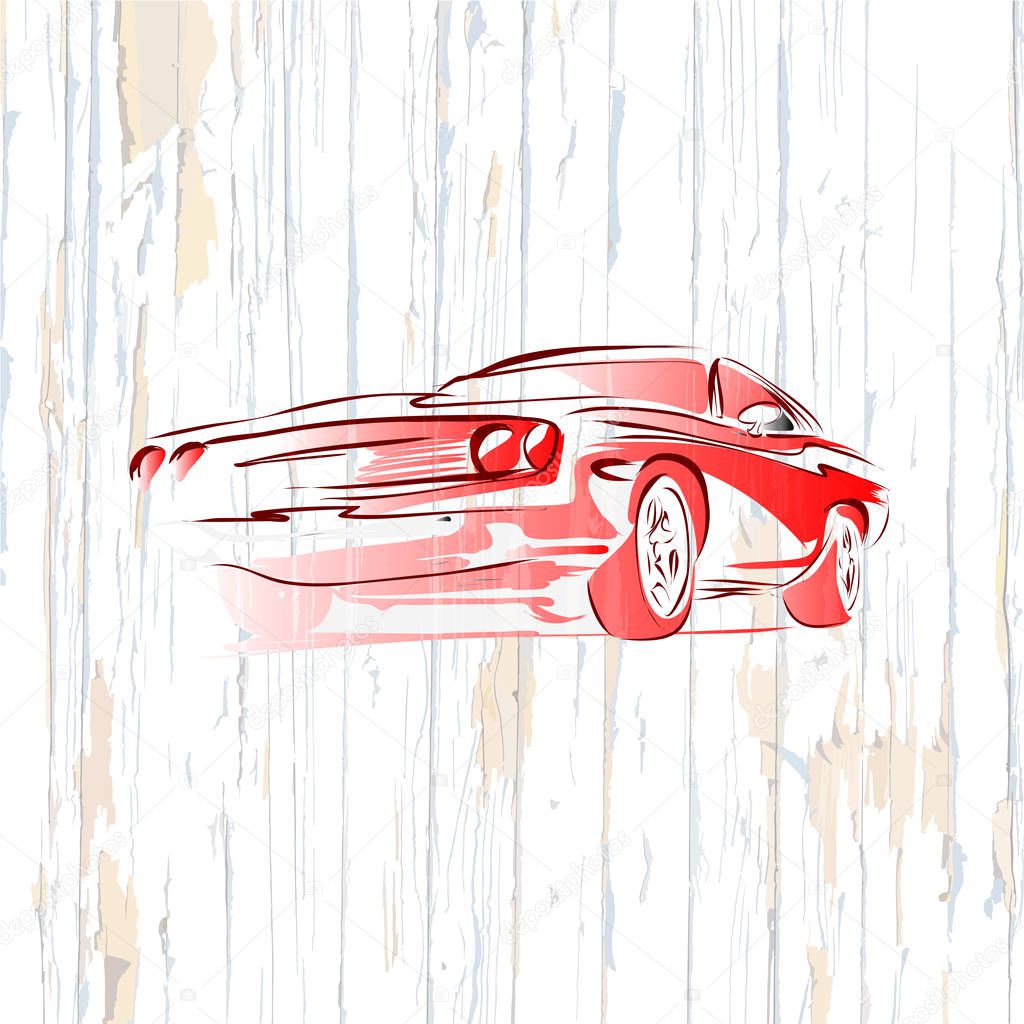 Vintage muscle car drawing on wooden background. Vector illustration drawn by hand.
