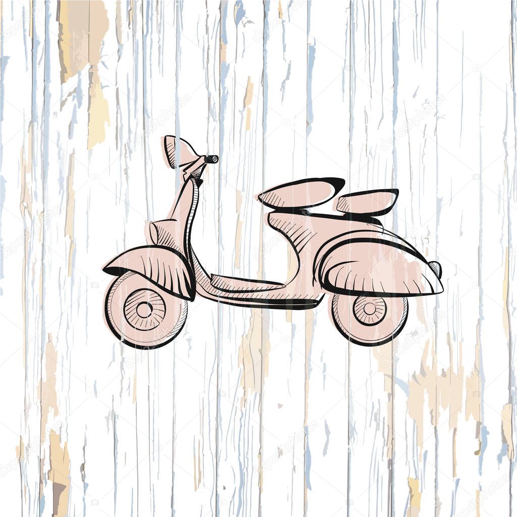 Vintage scooter drawing on wooden background. Vector illustration drawn by hand.