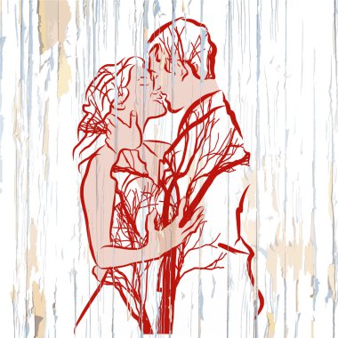 Vintage çift ağaçları ile ahşap üzerine öpüşme. Vintage çizilmiş vektör çizim.