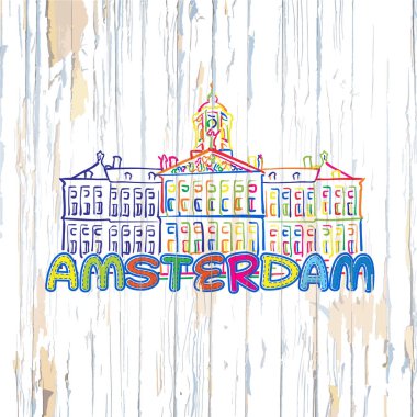Renkli Amsterdam ahşap arka plan üzerinde çizim
