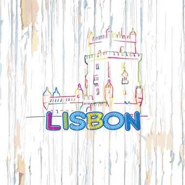 Renkli Lizbon ahşap arka plan üzerinde çizim