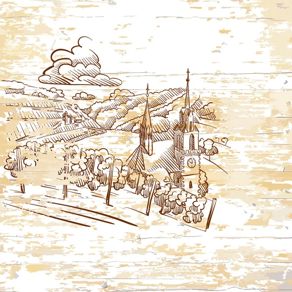 Weinberg Zeichnung Auf Holzgrund Handgezeichnete Vektorillustration — Stockvektor