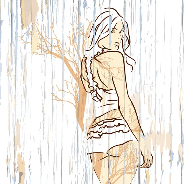 木製の背景に肩に女性を見て 手描きのベクトル ビンテージ イラスト — ストックベクタ