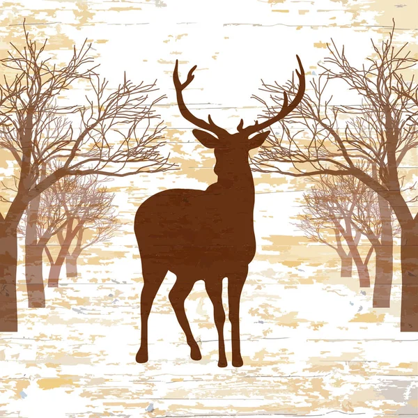 Dessin Cerf Vintage Avec Arbres Illustration Vintage Vectorielle Dessinée Main — Image vectorielle