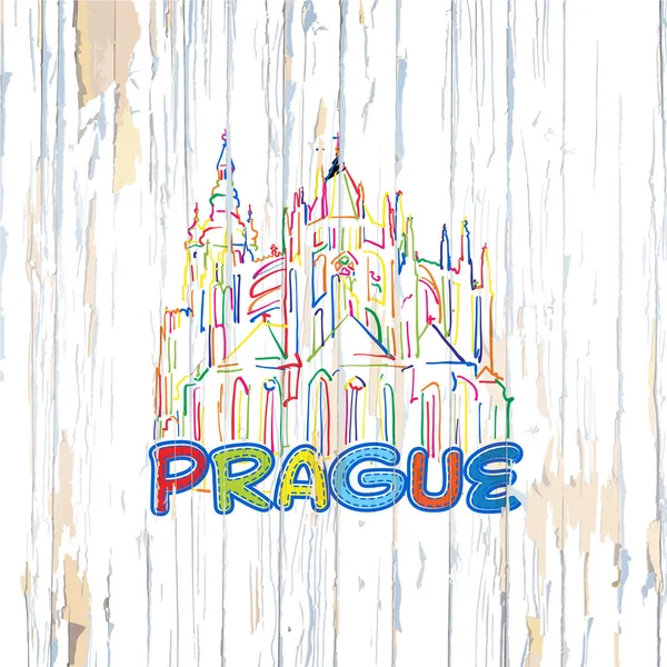 Dessin Prague Coloré Sur Fond Bois — Image vectorielle