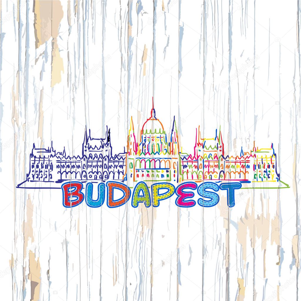 Colorful Budapest drawing on wooden background