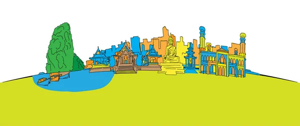 Красочная Таиланд Панорама Ручная Векторная Иллюстрация Известные Серии Туристических Направлений — стоковый вектор