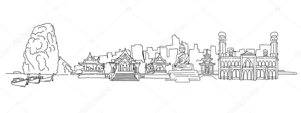 Thailand panorama drawing. Hand-drawn vector illustration. Famous travel destinations series.