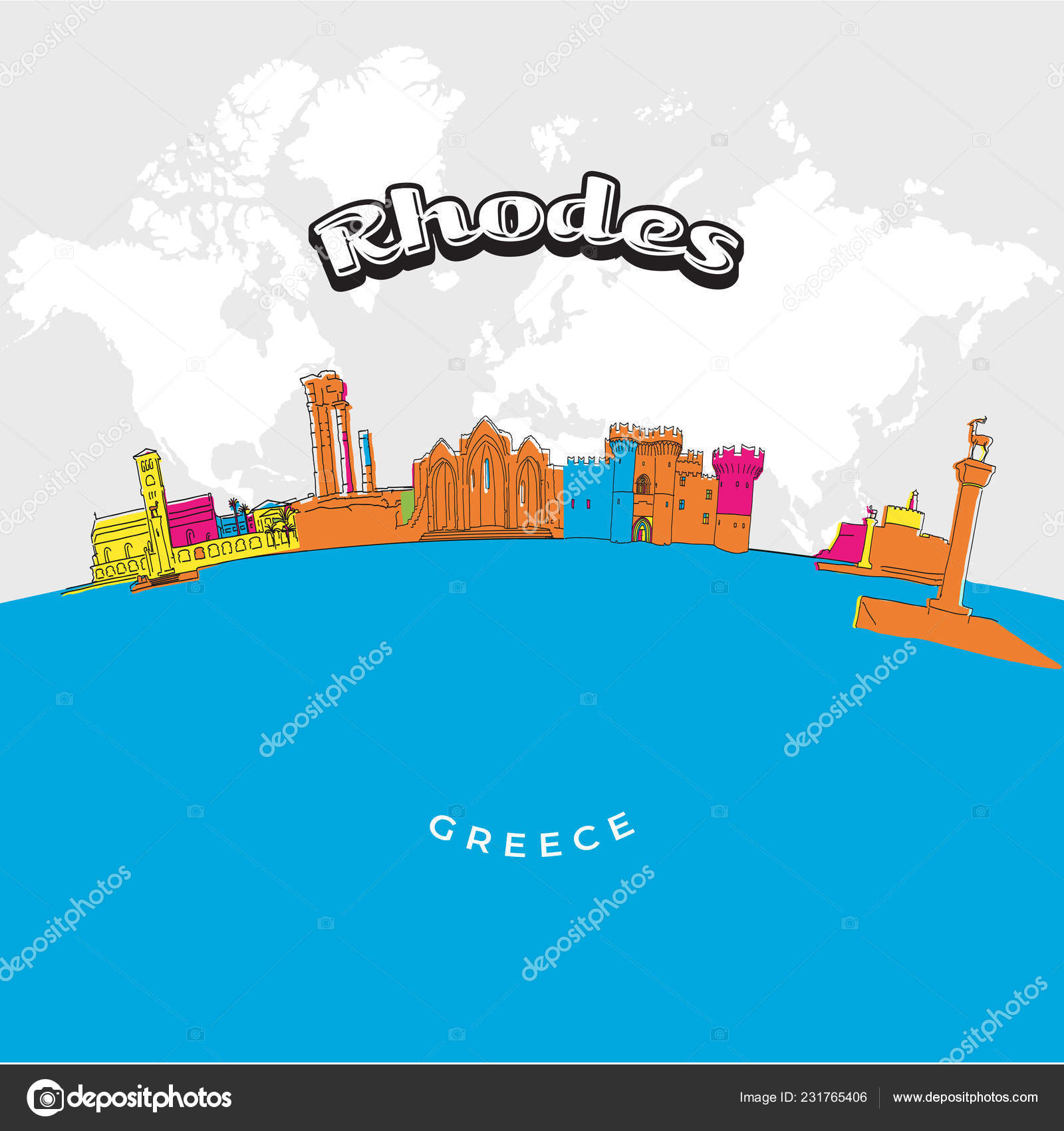 ロードスのギリシャのカラフルなパノラマ ベクターの手描きイラスト 有名な旅行目的地シリーズ ストックベクター C Mail Hebstreit Com