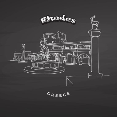Rhodes Yunanistan simge yazı tahtası üzerinde. Çizilmiş vektör çizim. Ünlü seyahat hedefleri serisi.