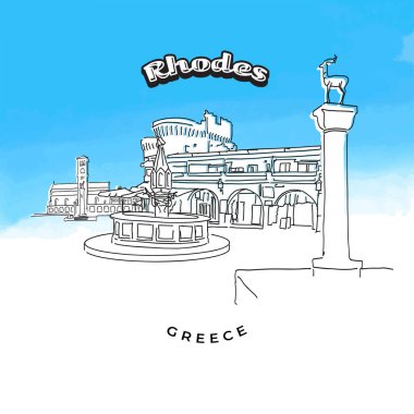Rhodes Yunanistan ünlü simge. Çizilmiş vektör çizim. Ünlü seyahat hedefleri serisi.