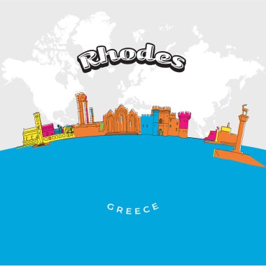 Rhodes Yunanistan renkli panorama. Çizilmiş vektör çizim. Ünlü seyahat hedefleri serisi.