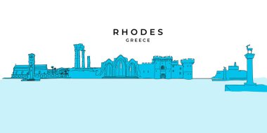Rhodes Yunanistan panorama çizim. Çizilmiş vektör çizim. Ünlü seyahat hedefleri serisi.
