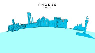 Rhodes Yunanistan panorama. Çizilmiş vektör çizim. Ünlü seyahat hedefleri serisi.