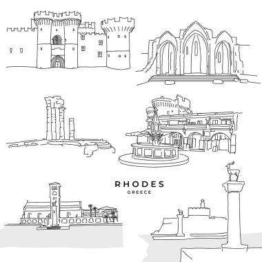 Rhodes Yunanistan yerlerinden çizimler. Çizilmiş vektör çizim. Ünlü seyahat hedefleri serisi.