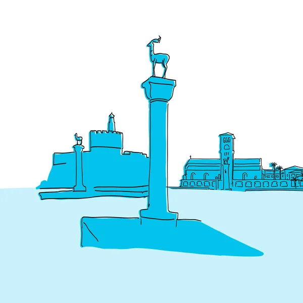 Rhodes Grèce Vieux Port Signe Illustration Vectorielle Main Fameuses Destinations — Image vectorielle