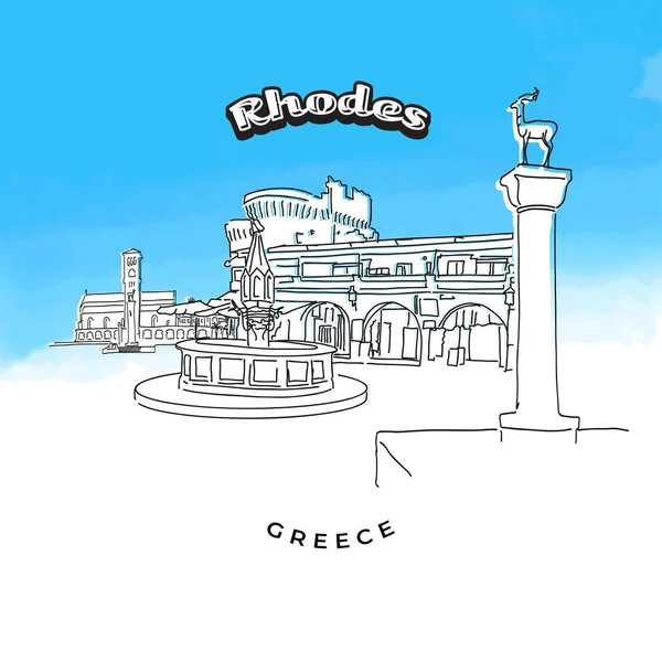 Rhodes Griechisches Wahrzeichen Handgezeichnete Vektorillustration Serie Berühmter Reiseziele — Stockvektor