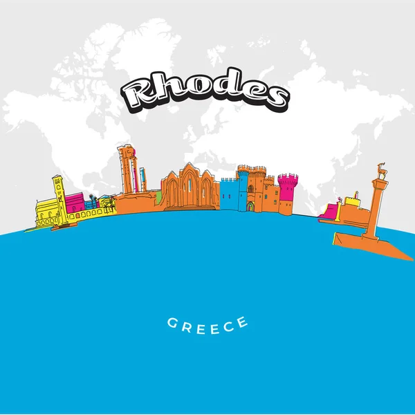 Rodas Grecia Panorama Colorido Ilustración Vectorial Dibujada Mano Famosas Series — Vector de stock