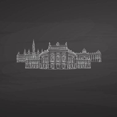 Viyana Avusturya tahtaya imzalar. Dijital tebeşir çizilmiş vektör kroki yazı tahtası üzerinde. Avrupa başkentlerinde yerler.