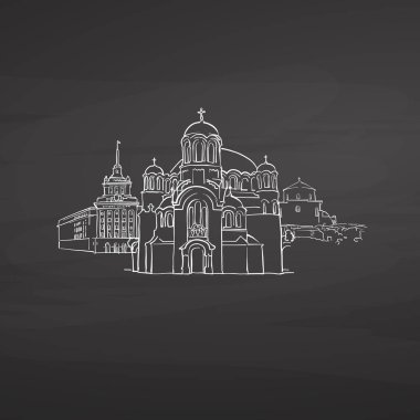 Sofia Bulgaristan tahtaya imzalar. Dijital tebeşir çizilmiş vektör kroki yazı tahtası üzerinde. Avrupa başkentlerinde yerler.
