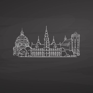 Kopenhag Danimarka tahtaya imzalar. Dijital tebeşir çizilmiş vektör kroki yazı tahtası üzerinde. Avrupa başkentlerinde yerler.