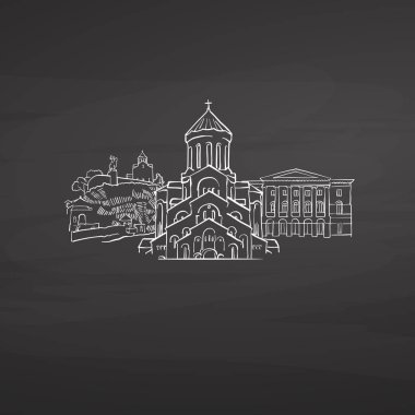 Tiflis Gürcistan tahtaya imzalar. Dijital tebeşir çizilmiş vektör kroki yazı tahtası üzerinde. Avrupa başkentlerinde yerler.