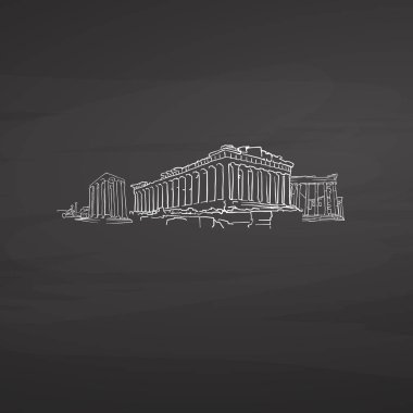 Atina Yunanistan tahtaya imzalar. Dijital tebeşir çizilmiş vektör kroki yazı tahtası üzerinde. Avrupa başkentlerinde yerler.