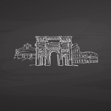 Roma İtalya tahtaya imzalar. Dijital tebeşir çizilmiş vektör kroki yazı tahtası üzerinde. Avrupa başkentlerinde yerler.