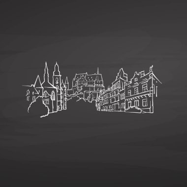 Lüksemburg Lüksemburg tahtaya imzalar. Dijital tebeşir çizilmiş vektör kroki yazı tahtası üzerinde. Avrupa başkentlerinde yerler.