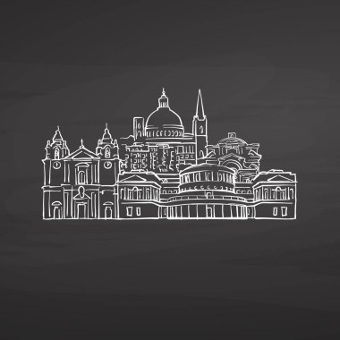 Valletta Malta tahtaya imzalar. Dijital tebeşir çizilmiş vektör kroki yazı tahtası üzerinde. Avrupa başkentlerinde yerler.