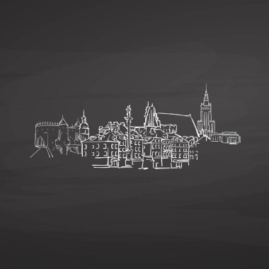 Warsaw Polonya tahtaya imzalar. Dijital tebeşir çizilmiş vektör kroki yazı tahtası üzerinde. Avrupa başkentlerinde yerler.