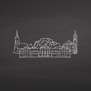 Bratislava Slovakya tahtaya imzalar. Dijital tebeşir çizilmiş vektör kroki yazı tahtası üzerinde. Avrupa başkentlerinde yerler.