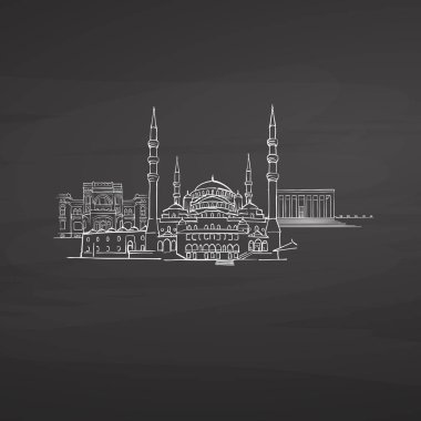 Ankara Türkiye tahtaya imzalar. Dijital tebeşir çizilmiş vektör kroki yazı tahtası üzerinde. Avrupa başkentlerinde yerler.