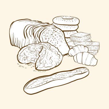 fırın ürünleri, çizilmiş vektör çizim