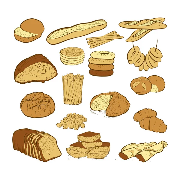 Set Various Colored Breads Hand Drawn Vector Illustration — Stock Vector