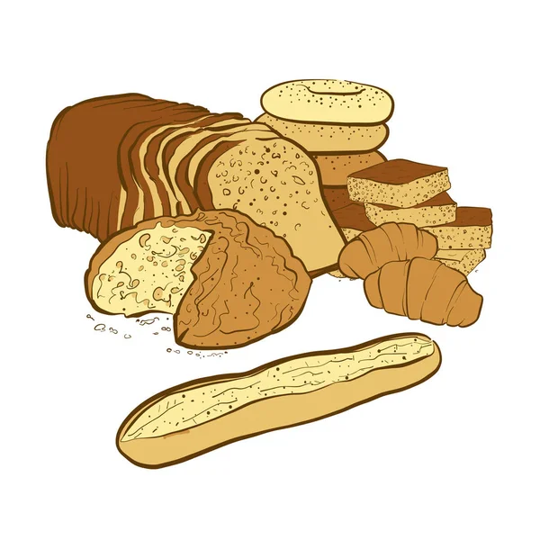 Composición Productos Panadería Ilustración Vectorial Dibujada Mano — Vector de stock