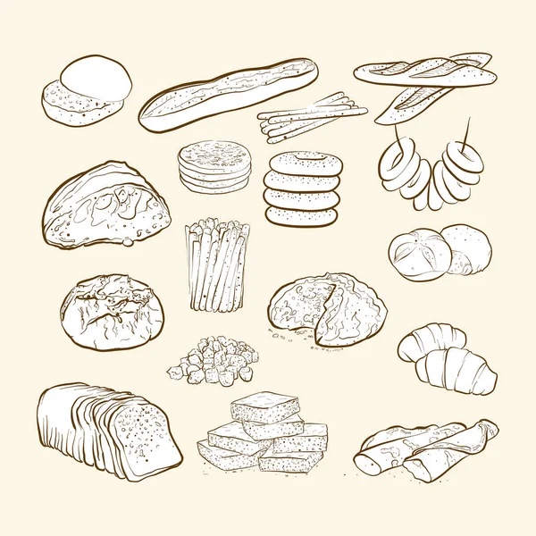 Panes Iconos Panadería Ilustración Vectorial Dibujada Mano — Vector de stock