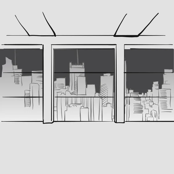 Büro mit großen Fenstern und Skyline im Hintergrund — Stockvektor