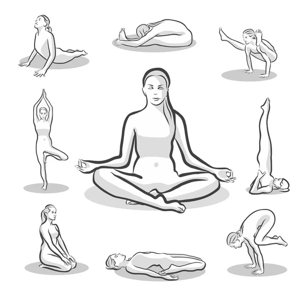 Conjunto de posturas de yoga sobre fondo blanco — Archivo Imágenes Vectoriales