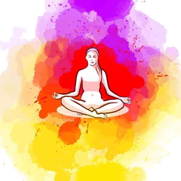 Posar sentado yoga sobre fondo colorido — Vector de stock