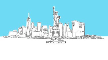 New York City Skyline Panorama Vektör Sketch ile Liberty Heykeli