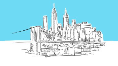 Manhattan Ve Brooklyn Köprüsü Skyline Panorama Vektör Sketch