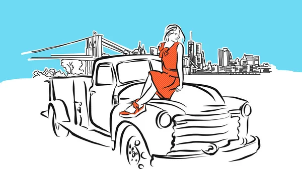 Menina no carro na frente de Nova York Skyline Panorama Vector Sketch —  Vetores de Stock